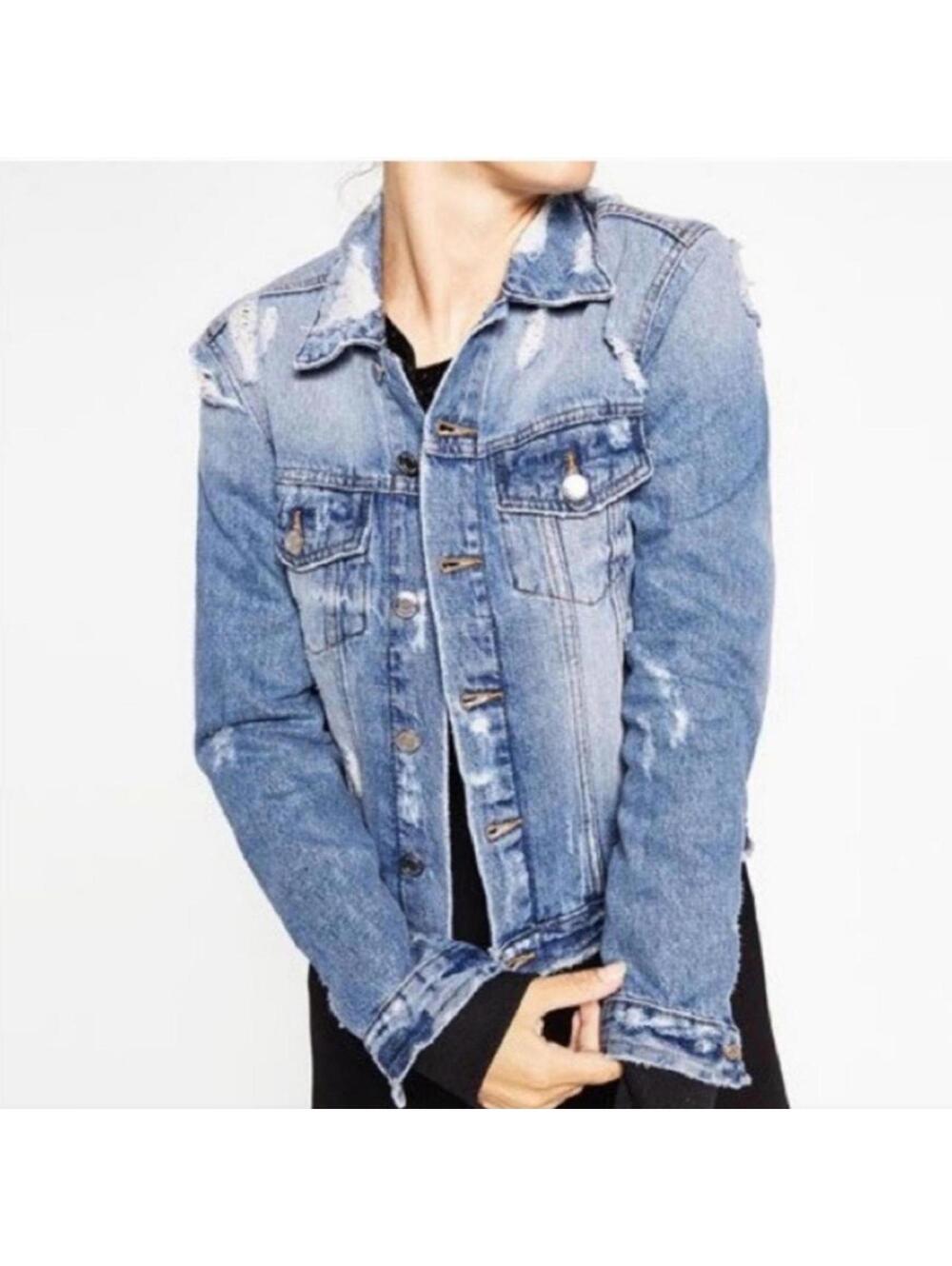Zara Trafulac distressed denim jacket size large. EUC